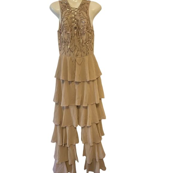 Maya Tall OveralDress Nude Sequins SheerLace Zip Sleeveless Ruffle 90s Festive 4 - Picture 1 of 12